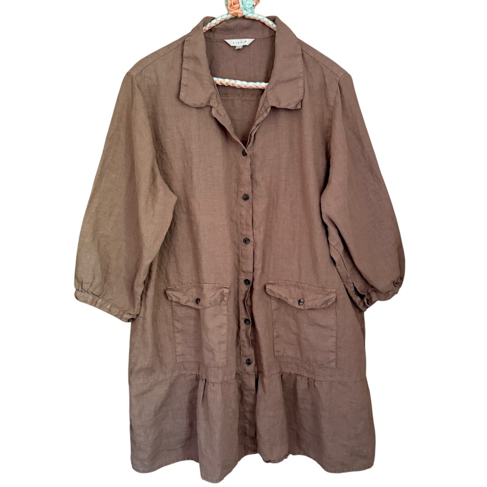 Kleen Linen Tunic Mini‎ Dress L Brown Lagenlook Boho Layer Oversized Minimalist